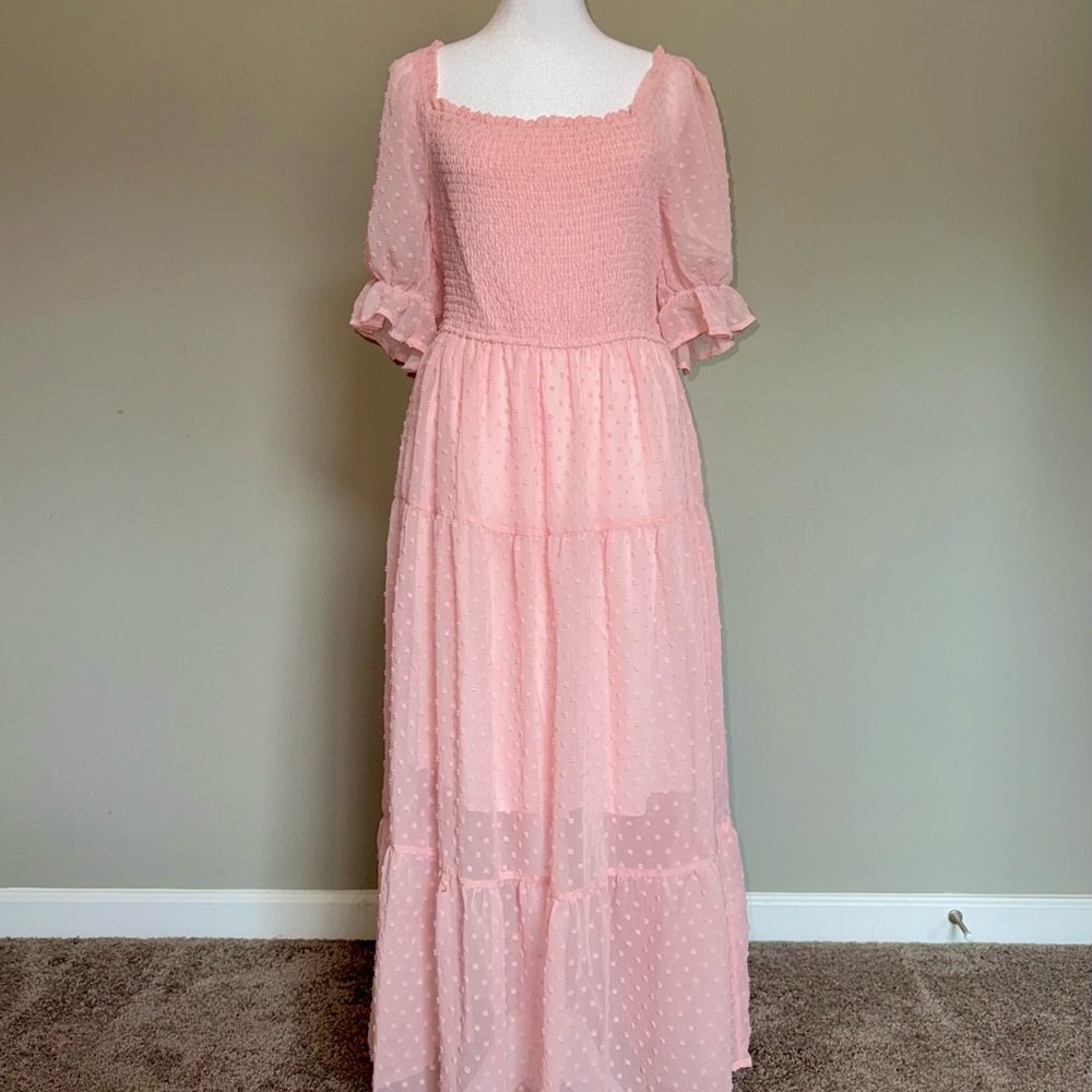 Amazon Elegant Maxi Pink Ruffle Sleeve Smocked Dress